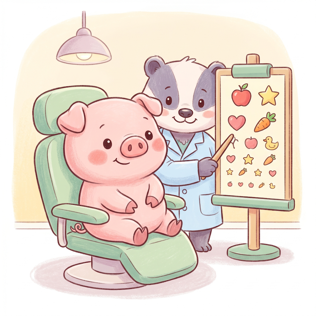 Piggy character having an eye check-up