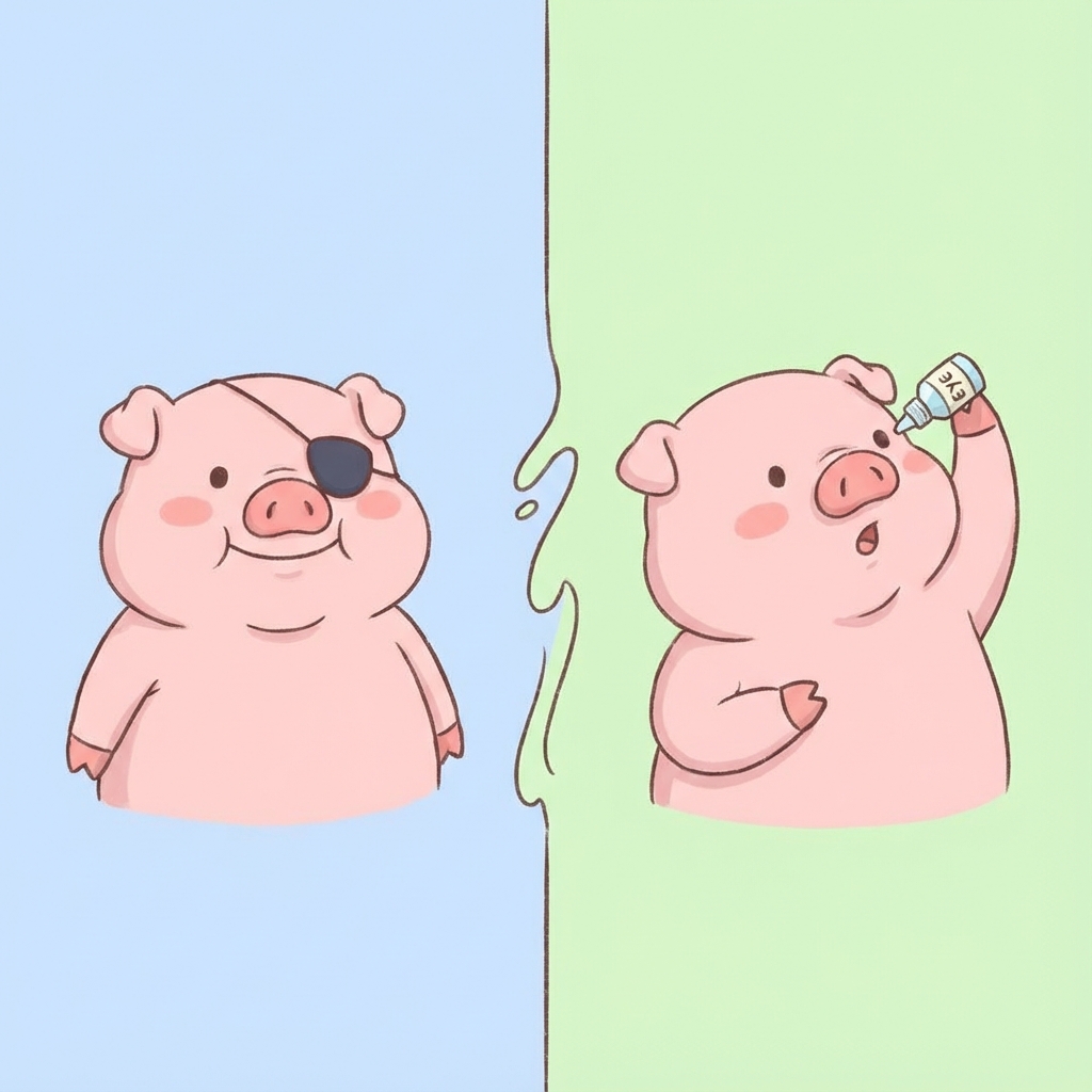 Piggy comparing a patch and eye drops