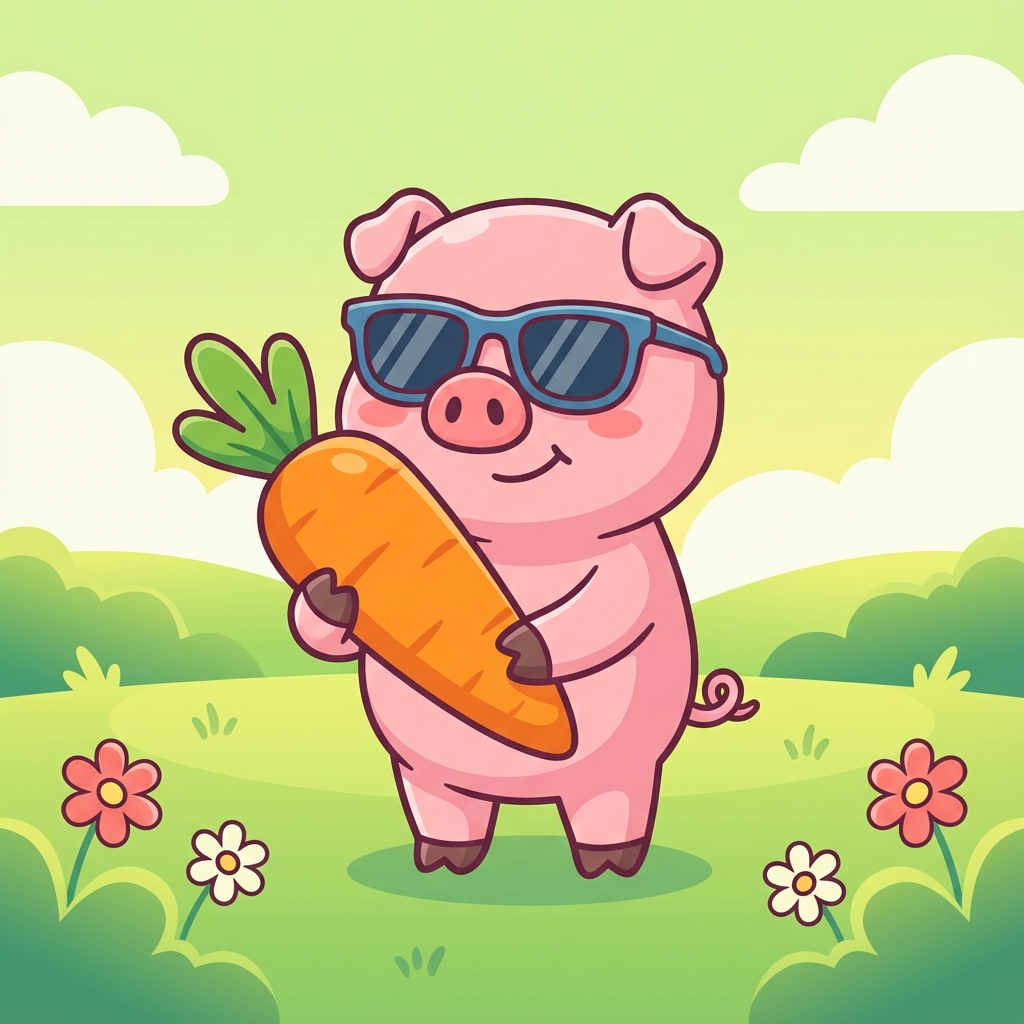 Piggy wearing sunglasses holding a carrot outdoors